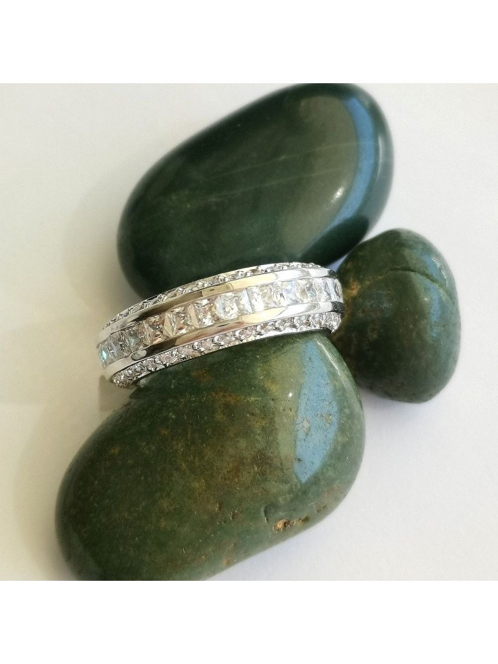 14k White Gold overlay eternity band ring emerald cut CZ sz 8 🆕